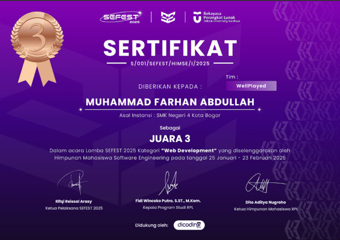 Sertifikat Juara 3 Web Devlopment