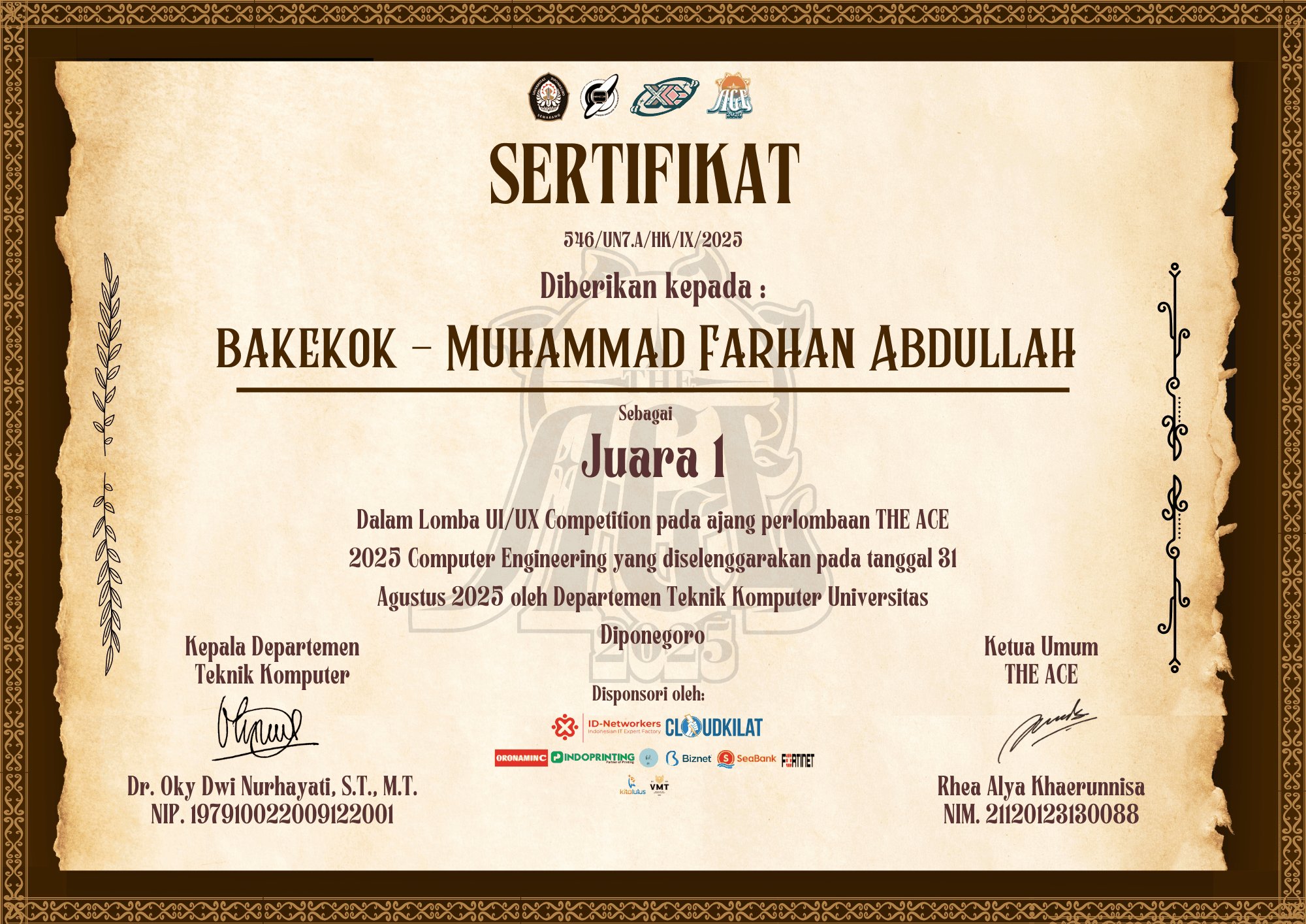 Sertifikat Juara 1 UI/UX Design